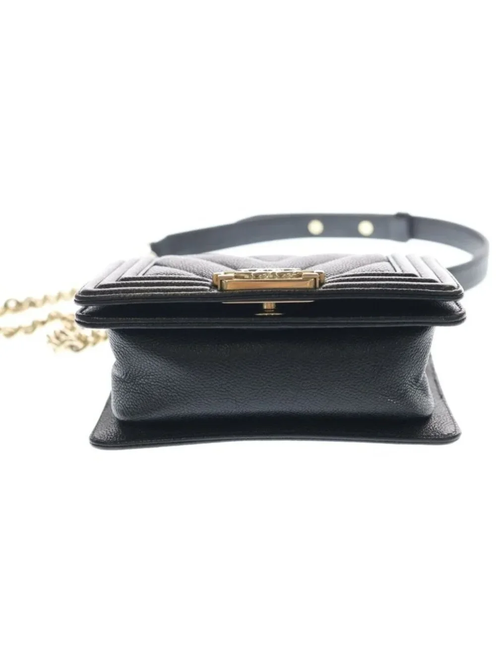 Chanel Boy Mini Chez Blanc Stitch Caviar Leather Gold Chain Shoulder Bag Plate